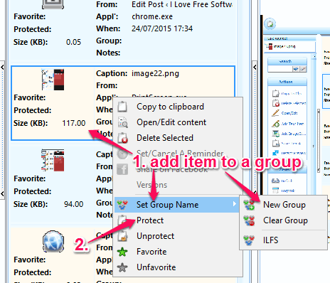 use context menu options to add item to a group or make it protected