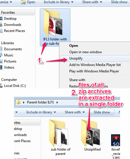 use right-click context menu option to extract files of all archives in a folder