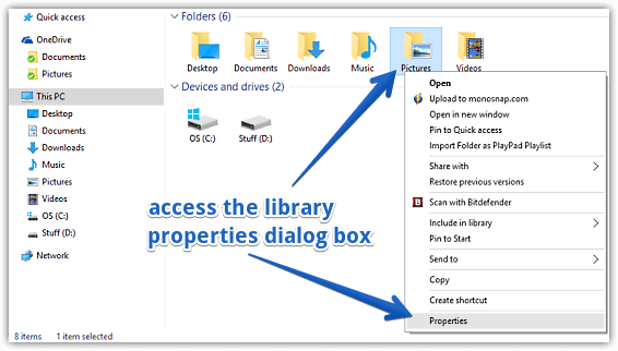 windows 10 access library properties