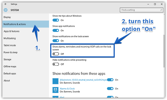 windows 10 enable alarms reminders and voip calls