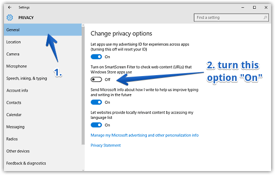 windows 10 enable smartscreen filter for apps web content access