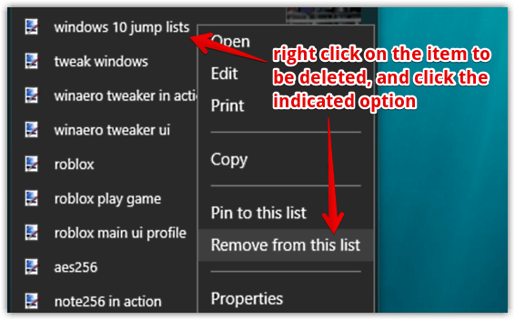 windows 10 jump lists remove items