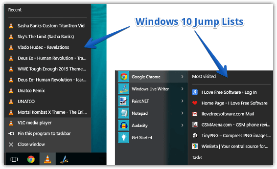 windows 10 jump lists