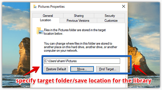 windows 10 specify library target