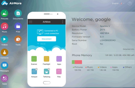 AirMore- web interface with connected phone