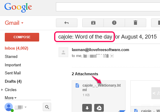 Wiktionary word of the Day in Gmail Inbox