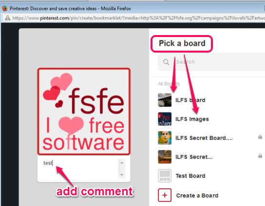 add comment to image and pick a board to pin that image