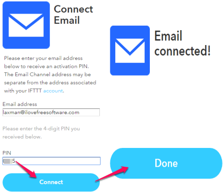 enter the PIN to connect your email address with IFTTT