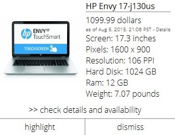 product chart pop up spec window