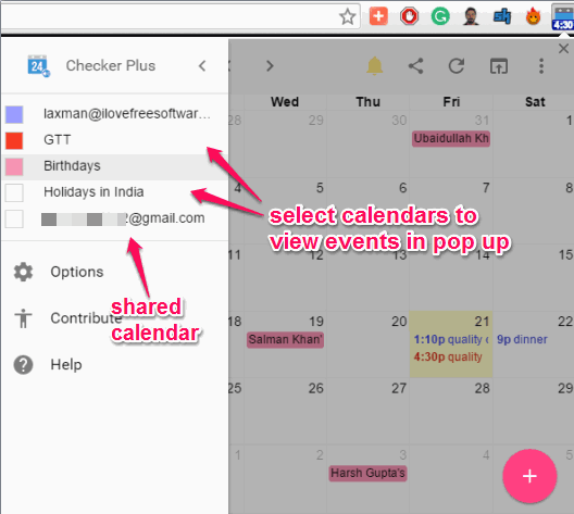 select calendars to view events in pop up