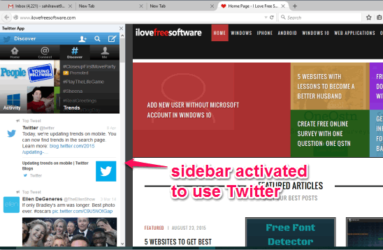 sidebar activated to use Twitter directly on the active tab