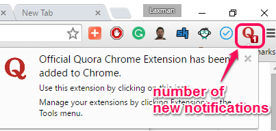 view extension icon to check the total number of new notificaitons on your Quora account