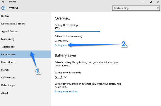 windows 10 battery usage details access