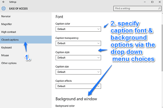 windows 10 closed captions options
