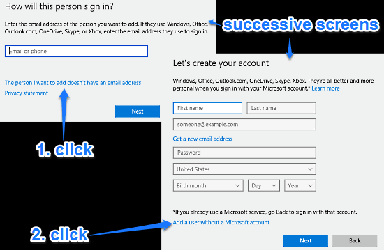 windows 10 initial account creation screens