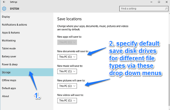 windows 10 specify default save location