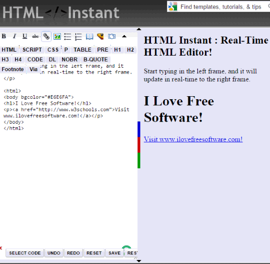 HTML Instant website homepage