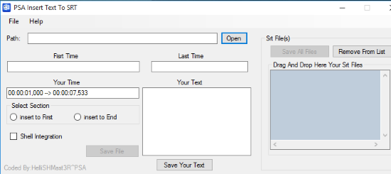 PSA Insert Text To SRT- interface