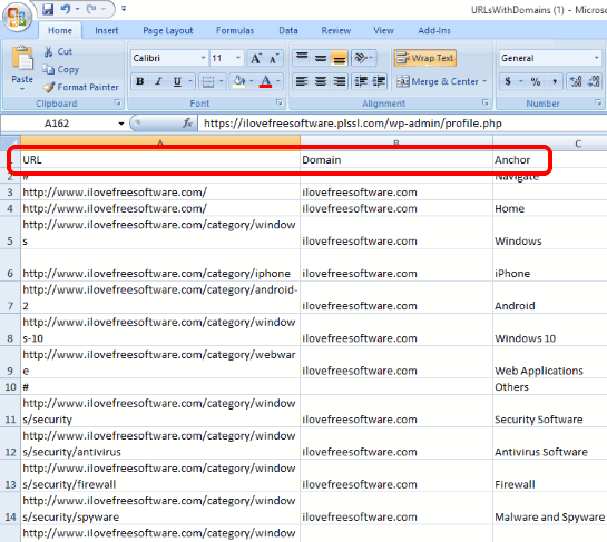 URLs with domains saved in a CSV file
