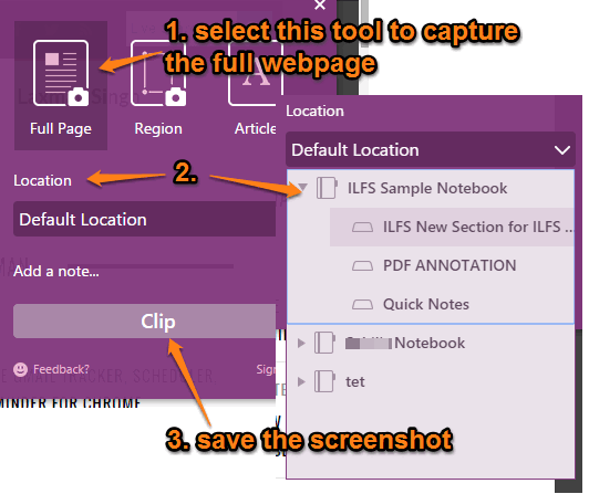 capture the full webpage and save it to a particular Notebook in your OneNote account