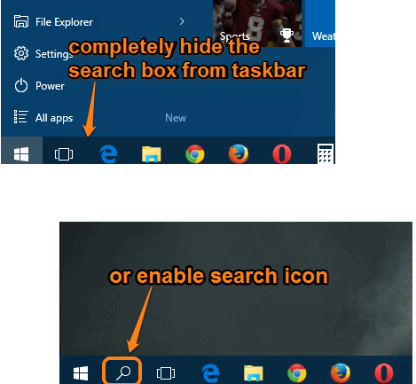 completely hide the taskbar or enable search icon