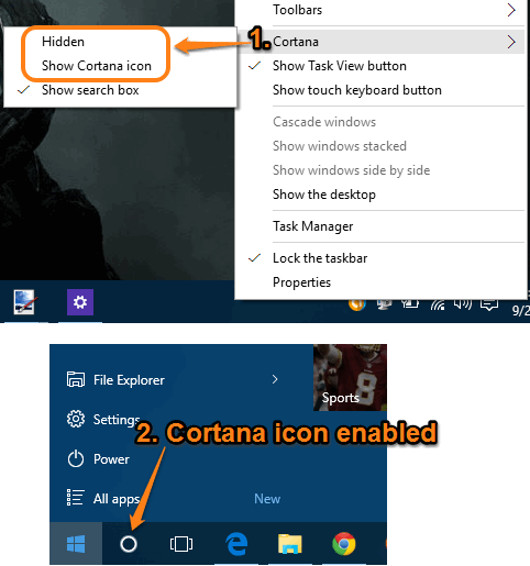 enable Cortana icon or hide the search box