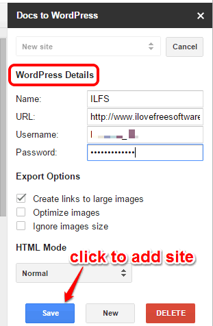 fill WordPress details to add your site