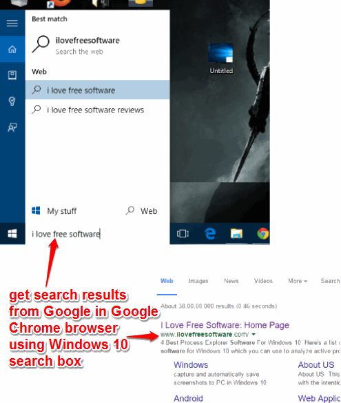 get search results from Google in Google Chrome browser using Windows 10 search box