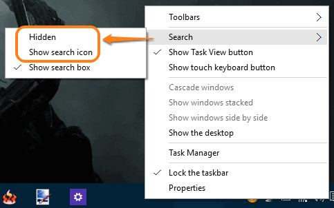 hide search box or show search icon in Windows 10 taskbar