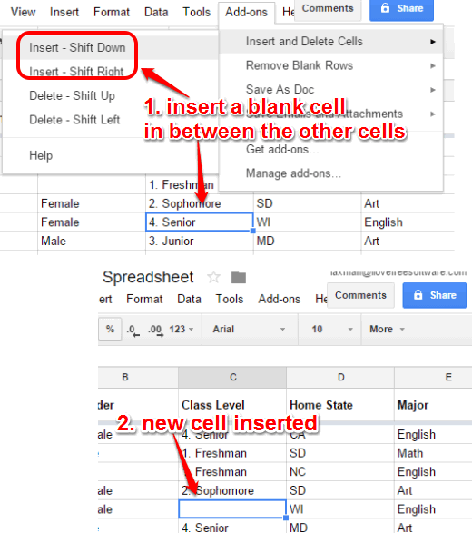 insert a new cell in between the other cells
