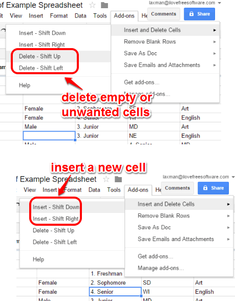 insert or delete cells in Google Sheets