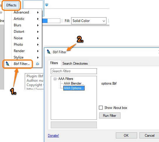 open 8bf Filter plugin interface using Effects menu