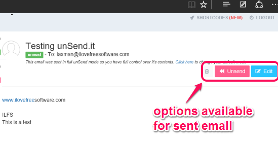 options available for sent email