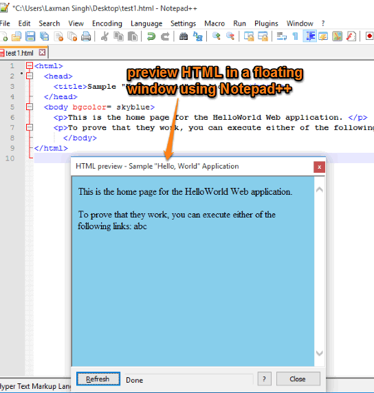 preview HTML in a floating window using Notepad++