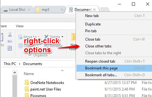 right-click options