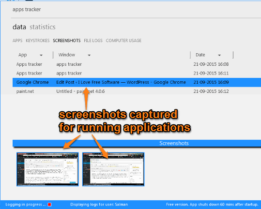 screenshots captured for running applications