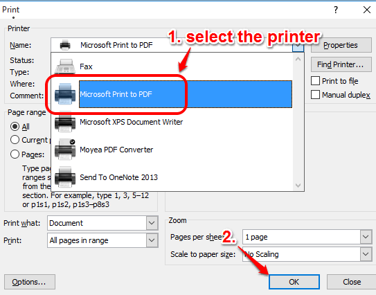 select Microsoft Print to PDF as printer and convert the document to PDF