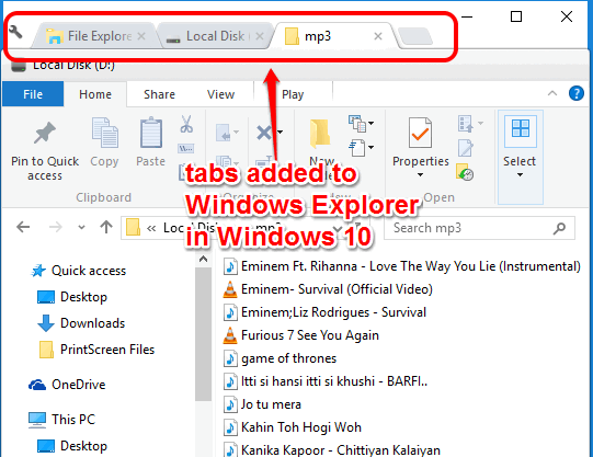 tabs added to Windows Explorer in Windows 10