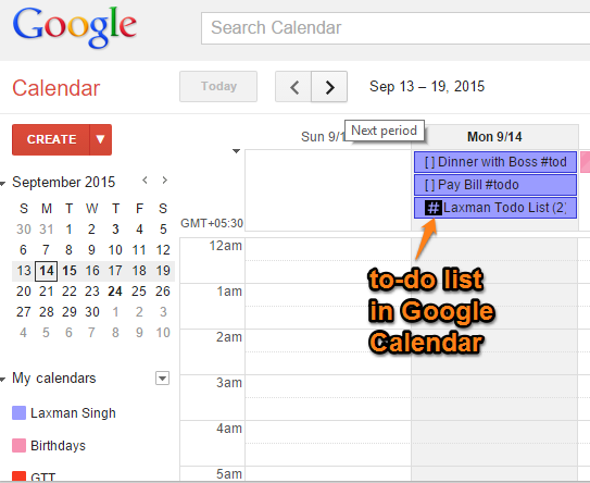 to-do list added in Google Calendar
