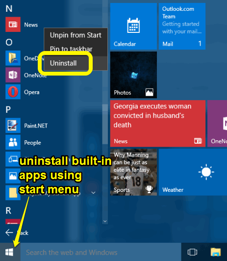 uninstall built-in apps using start menu