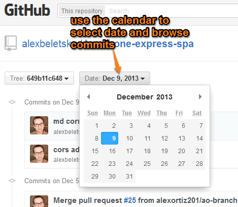 use calendar to select date and browse commits