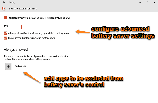 windows 10 configure advanced battery saver settings