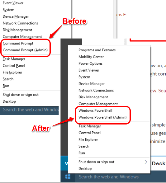 Command Prompt option replaced with Windows PowerShell in Win+X menu