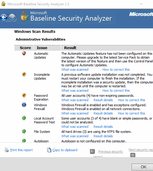 Microsoft Baseline Security Analyzer- results page
