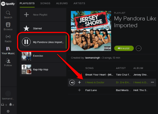 Pandora likes imported as playlist in my Spotify account