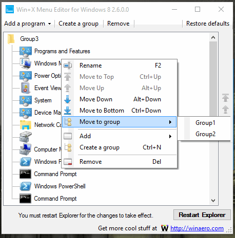 Win+X menu editor interface and right-click menu options