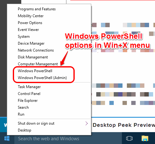 Windows PowerShell options in Win+X menu in Windows 10