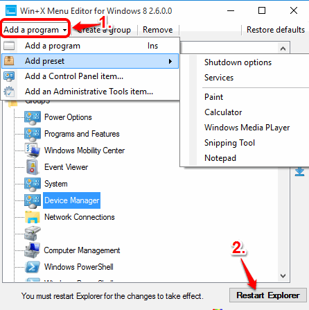 add a program to Win+X menu and restart Explorer