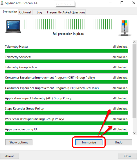 click Immunize button to block tracking services