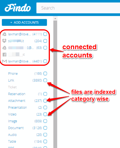 connected accounts and indexed files